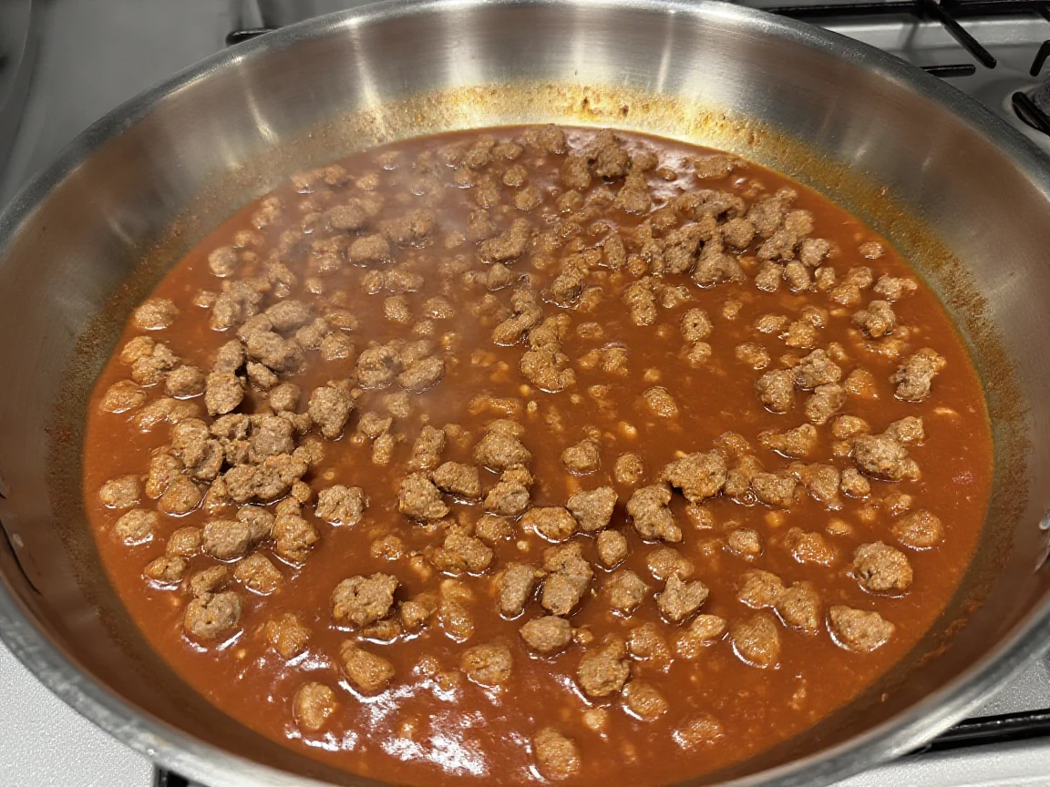 Italian sausage and tomato sauce simmering in a large skillet, thick and richly colored