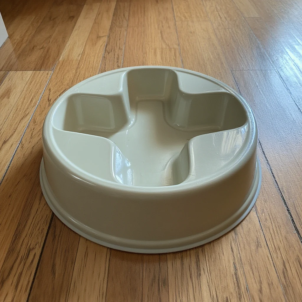 A wide, low-profile slow feeder bowl with visible raised ridges sitting stable on a hardwood apartment floor