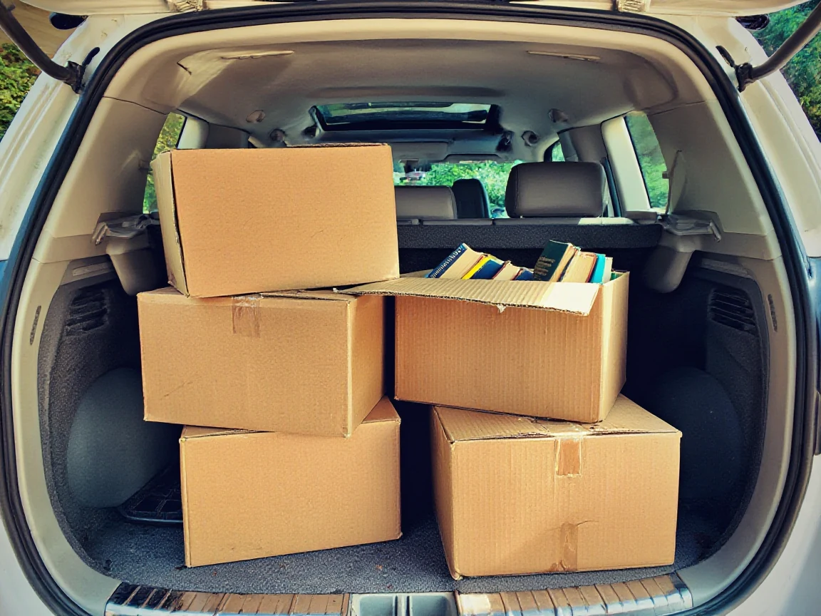 Cardboard boxes of used books loaded into the trunk of a car after an estate sale