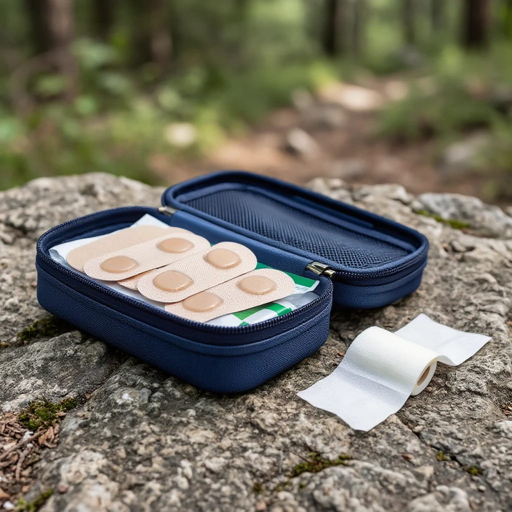 A small opened first-aid kit with blister pads and tape laid out on a flat trailside rock