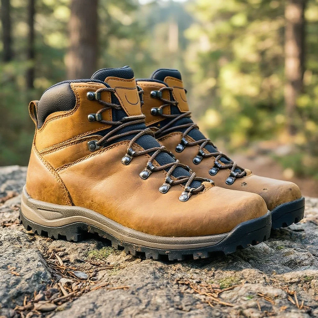 A pair of new hiking boots with stiff, unworn leather at the heel, laced and sitting on a flat trailside rock