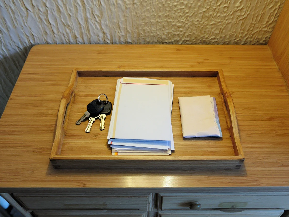 A small entryway table with a single tray for keys and mail, one item set aside to be donated