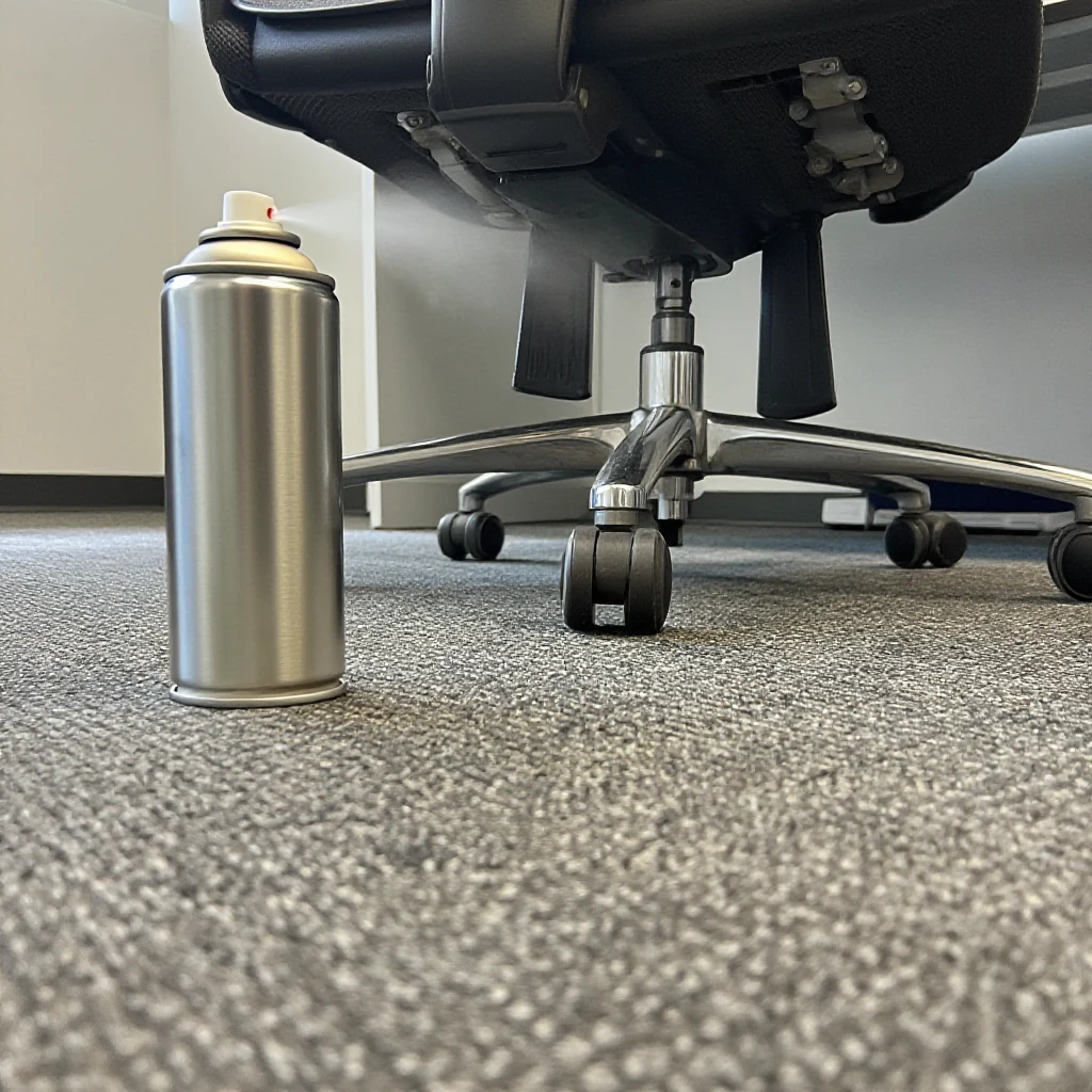 A small can of silicone lubricant spray being applied to a metal chair pivot joint