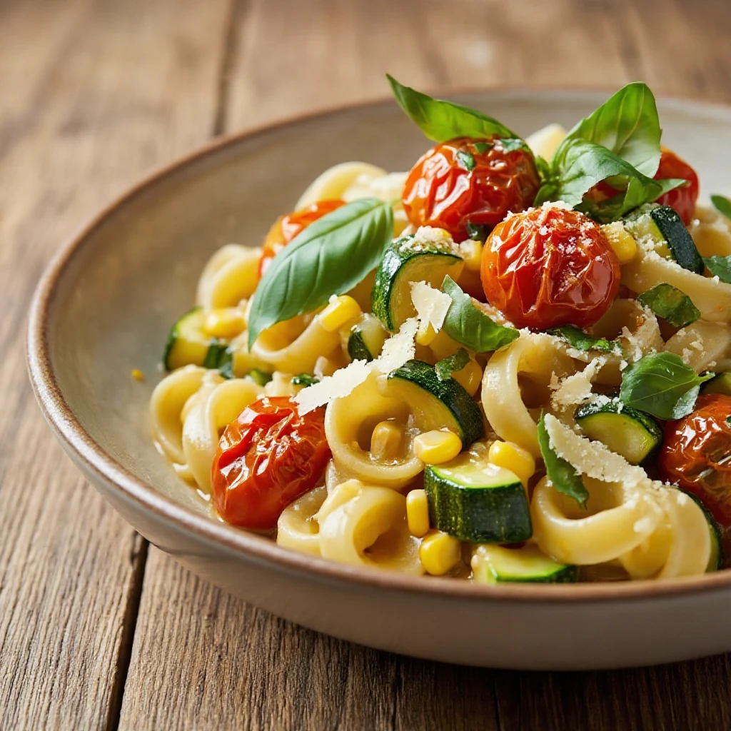 A shallow bowl of finished zucchini, corn, and tomato pasta garnished with basil and shaved parmesan
