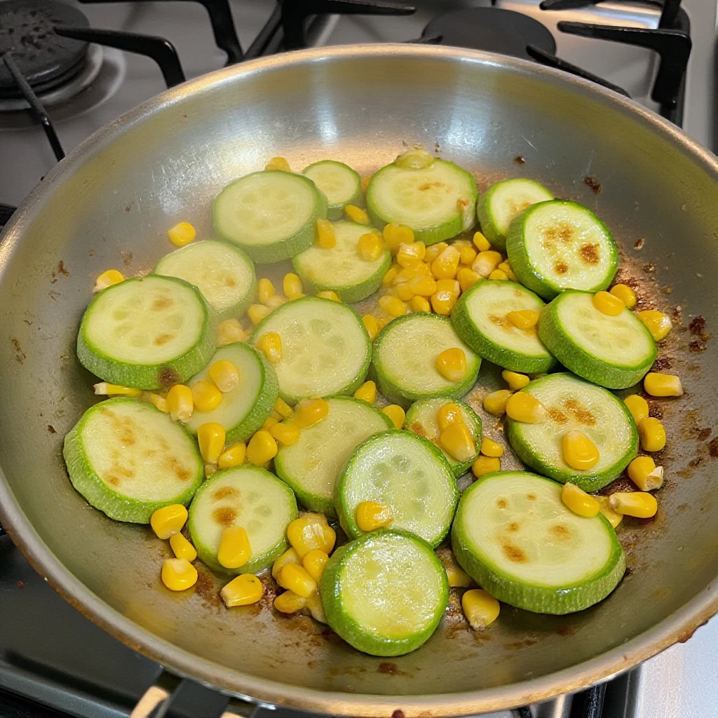 Sliced zucchini and corn kernels sautéing together in a wide skillet