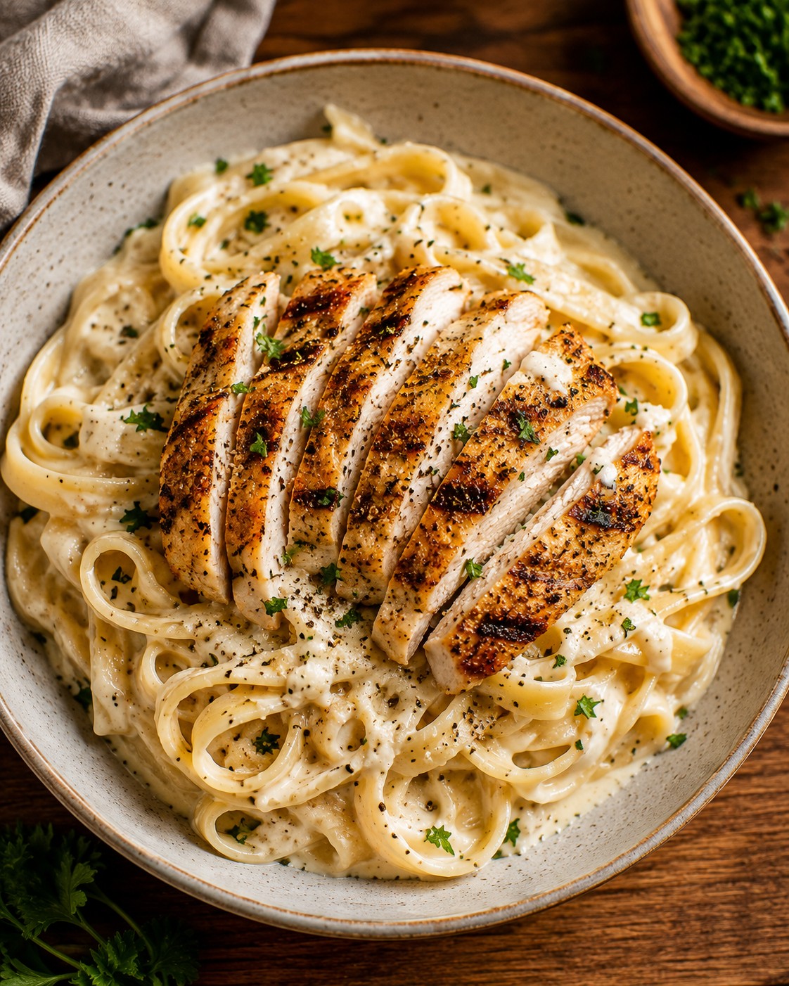 A close-up of chicken alfredo pasta twirled on a fork, showing the silky sauce
