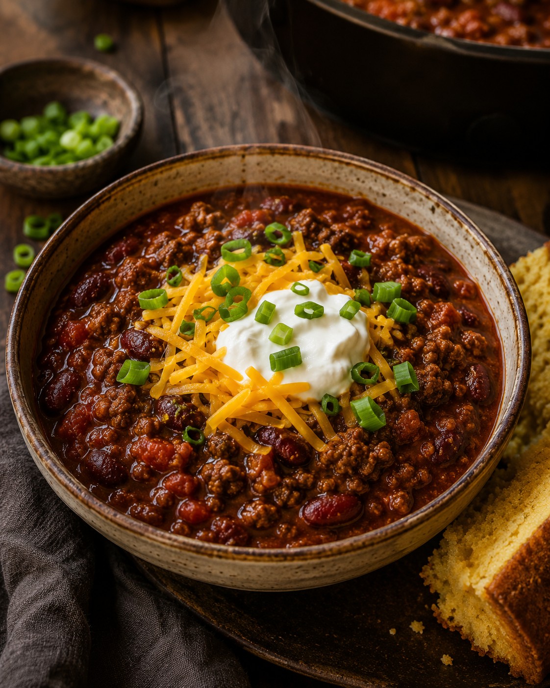 A close-up of a bowl of thick beef chili topped with cheese and green onion
