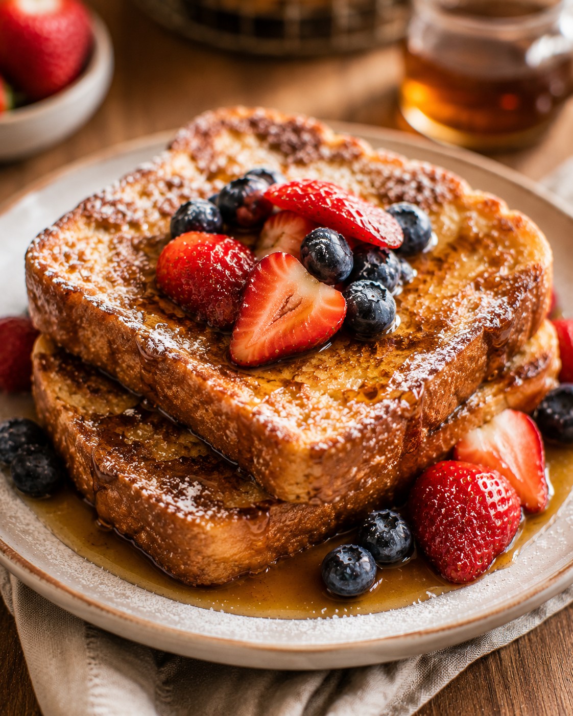 A stack of custardy French toast topped with syrup and powdered sugar