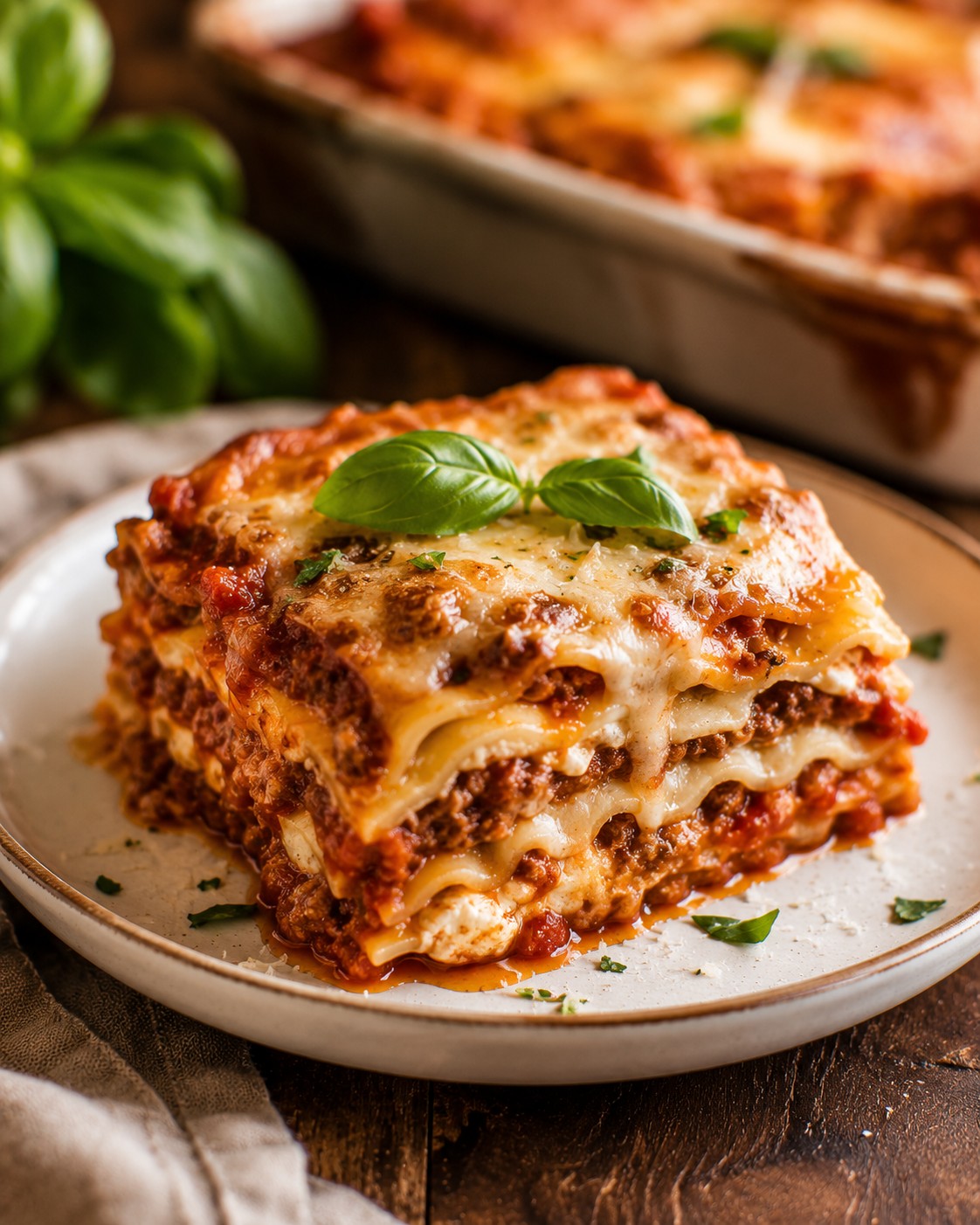 A slice of meat lasagna lifted from the pan, showing distinct, non-watery layers