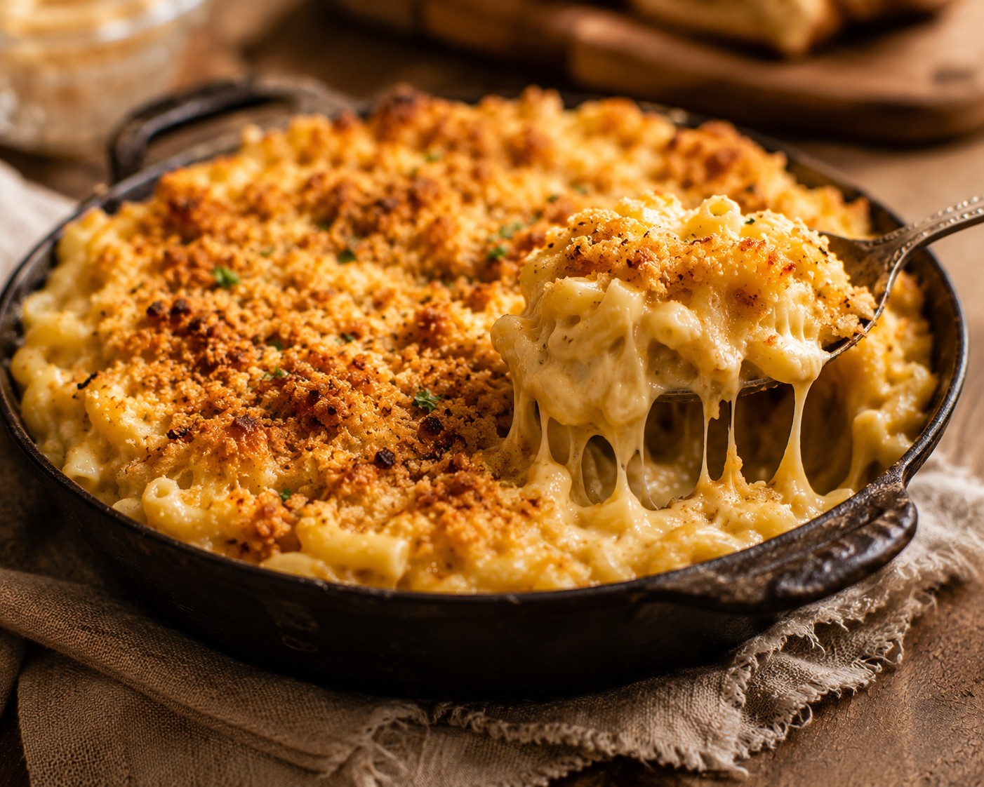 A close-up of baked mac and cheese with a golden, crispy top