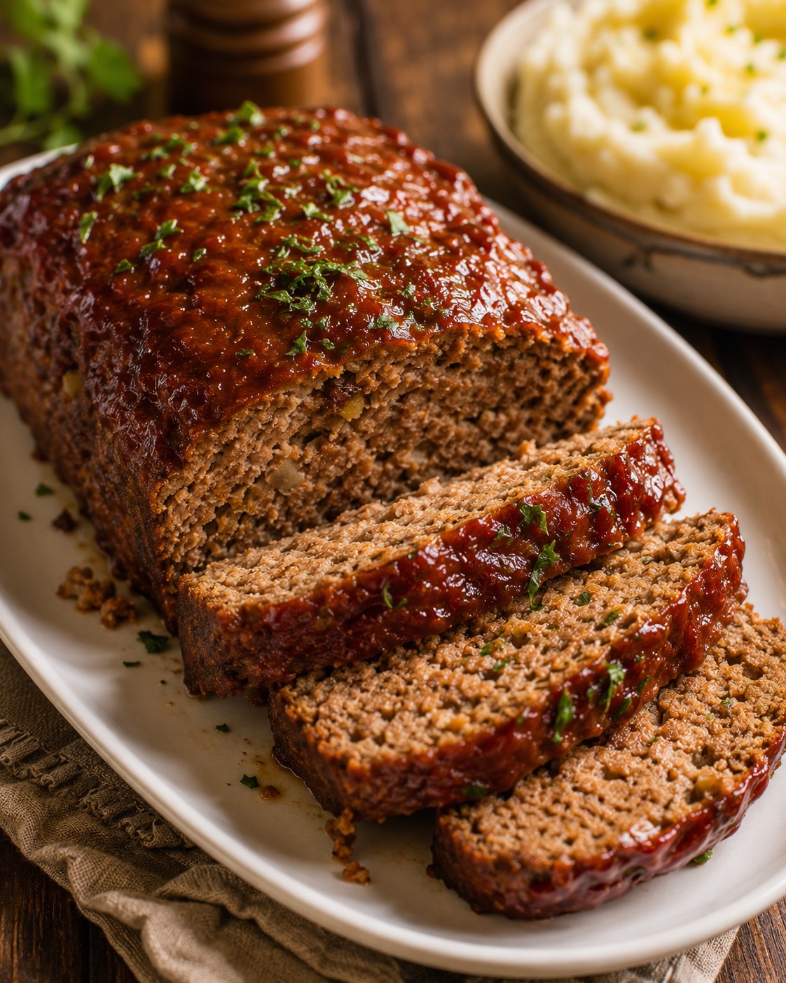 A sliced meatloaf with a glossy glaze, showing a moist, tender interior
