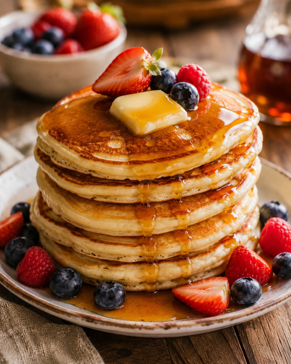 A stack of fluffy buttermilk pancakes with butter melting on top