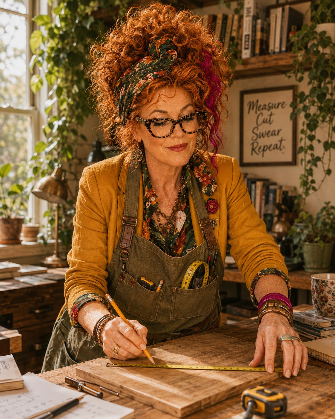 Winnie marking a measurement in pencil on a plank of wood in a practical home-project scene