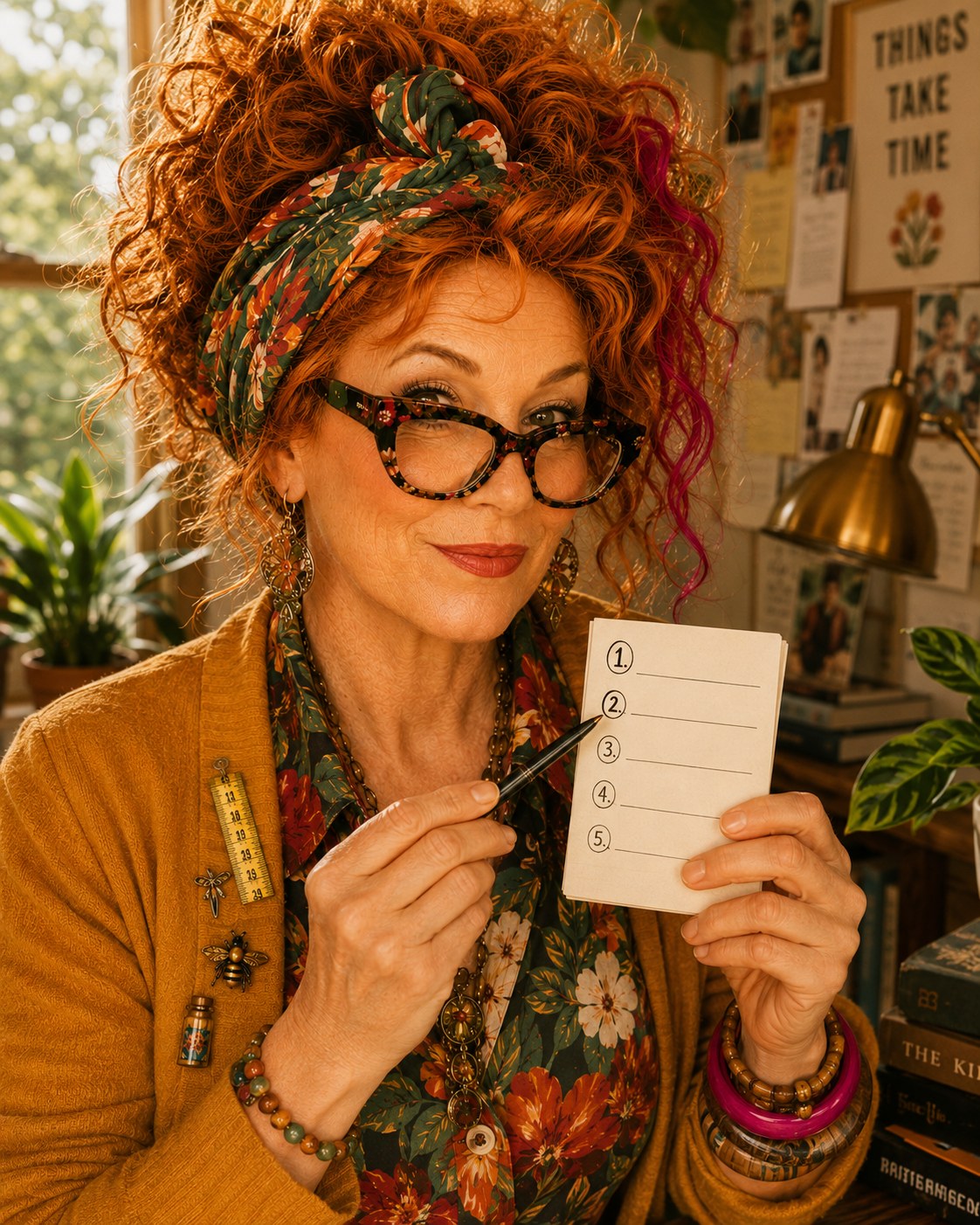 Winnie holding up a numbered checklist card, tapping item two