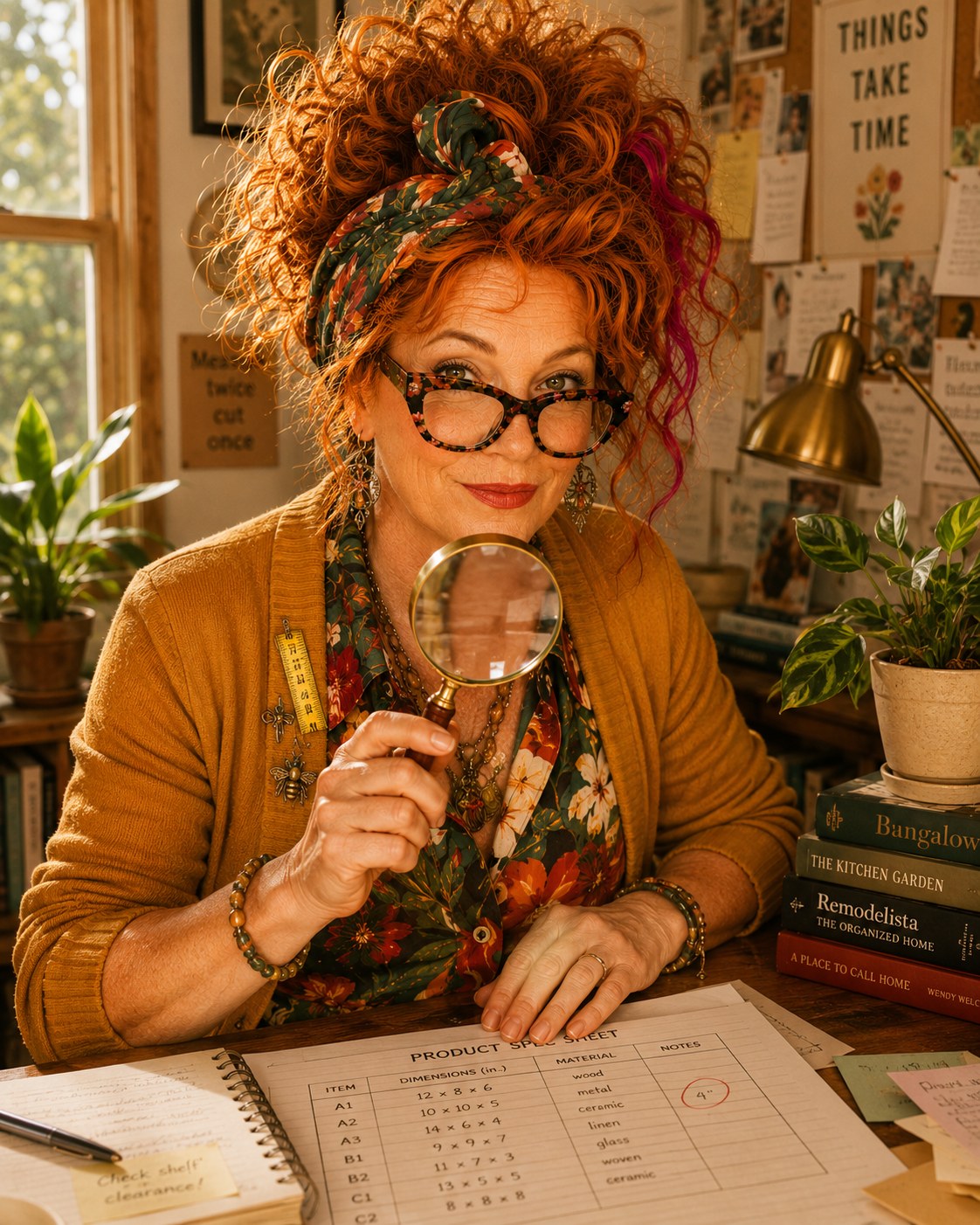 Winnie holding a magnifying glass over a spec sheet, cross-checking a detail