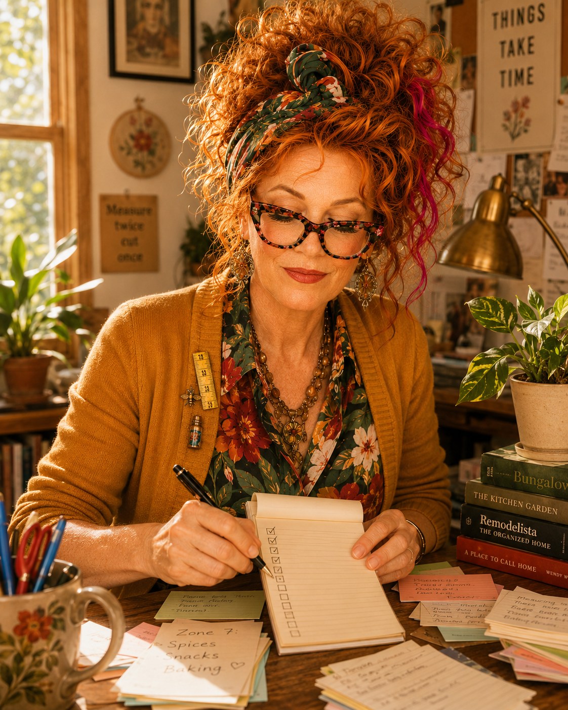 Winnie at a small desk covered in index cards, mid-tick on a checklist