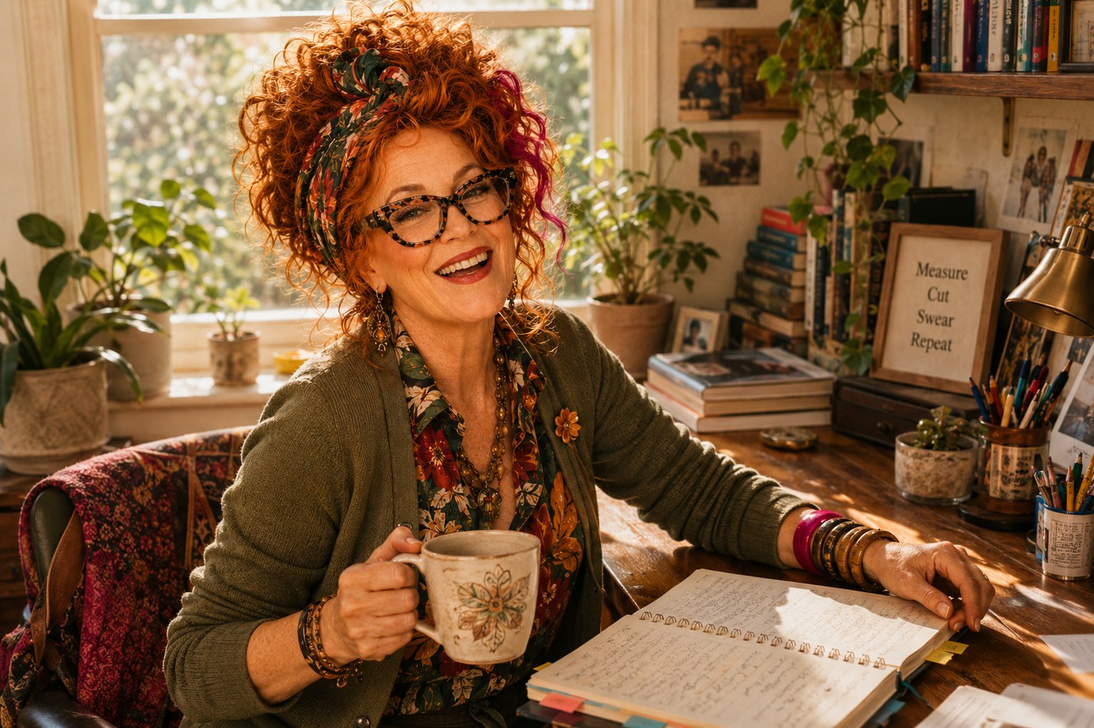 Winnie Hollowell, Nest & Nook's virtual host, laughing over coffee at her home-office desk
