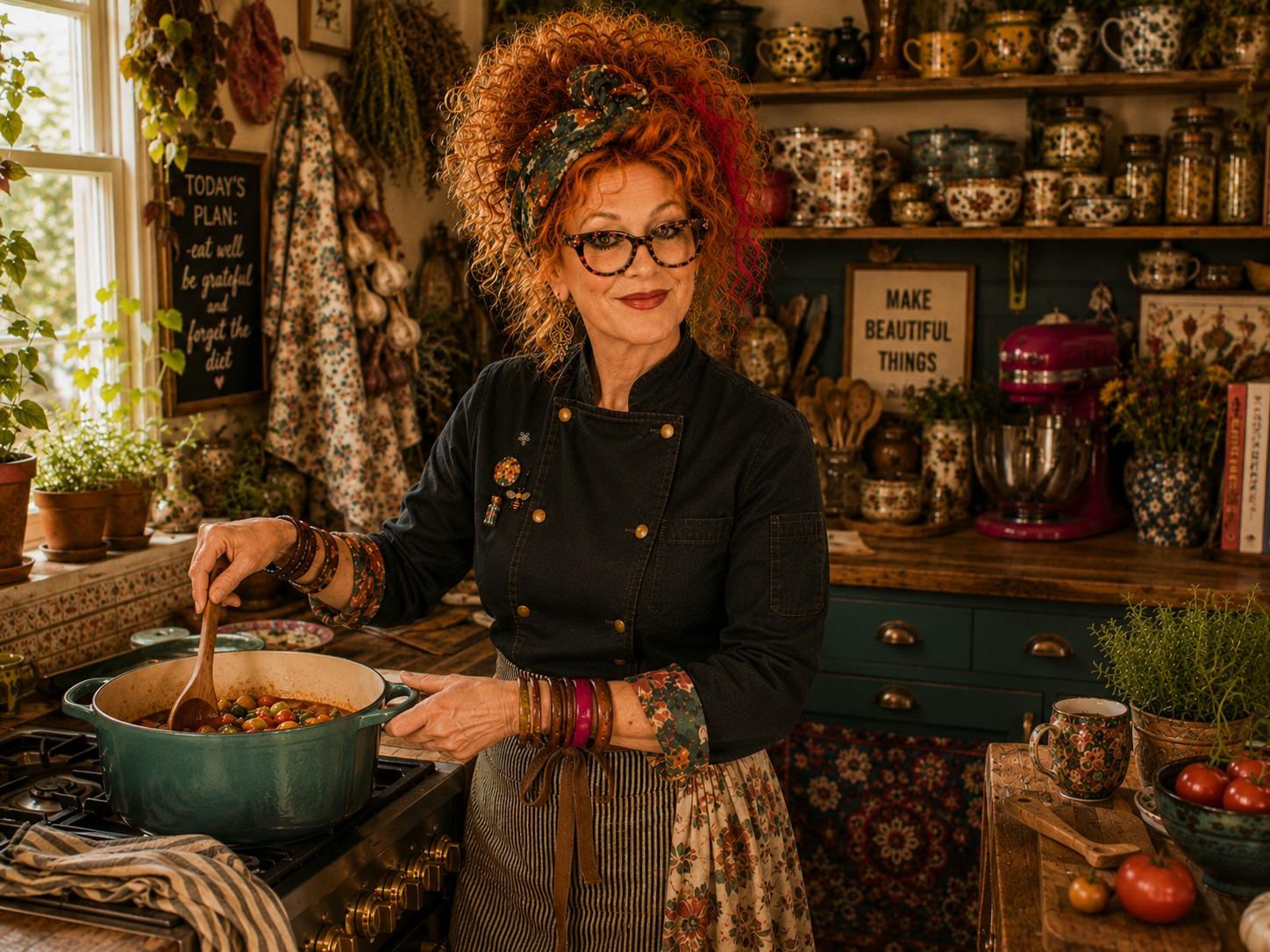 Winnie Hollowell cooking in a small, plant-filled kitchen with practical storage nearby.