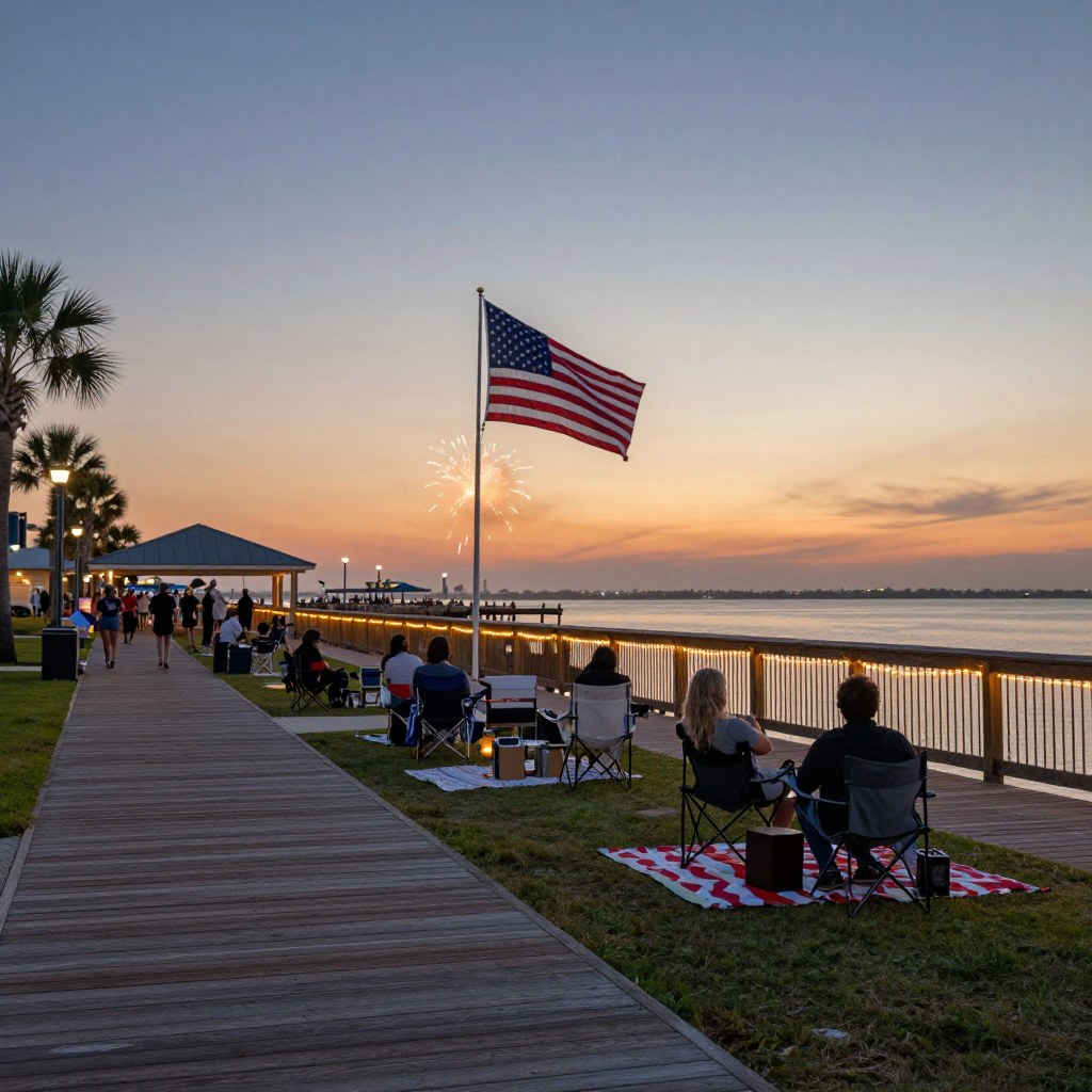 A boardwalk strung with string lights at dusk, small groups of people in folding chairs and on blankets watching the sky