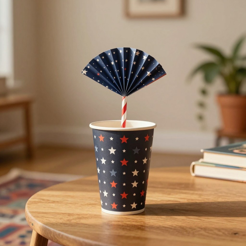 A close-up of this year's patriotic star-print party cup with a star-spangled straw topper