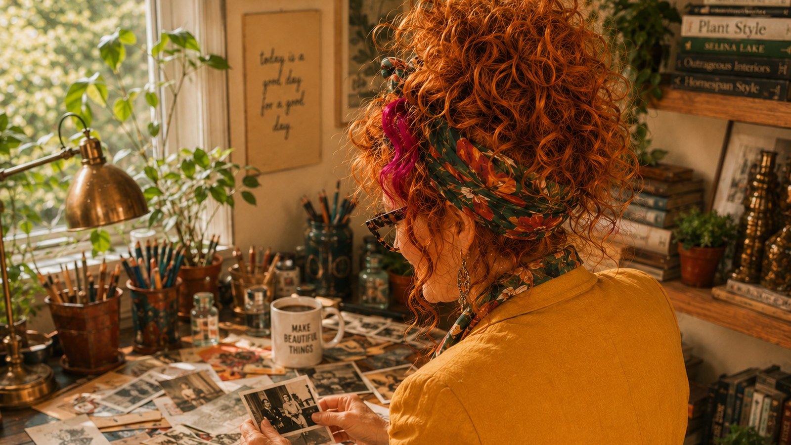 Winnie sorting through a desk full of clippings and photos