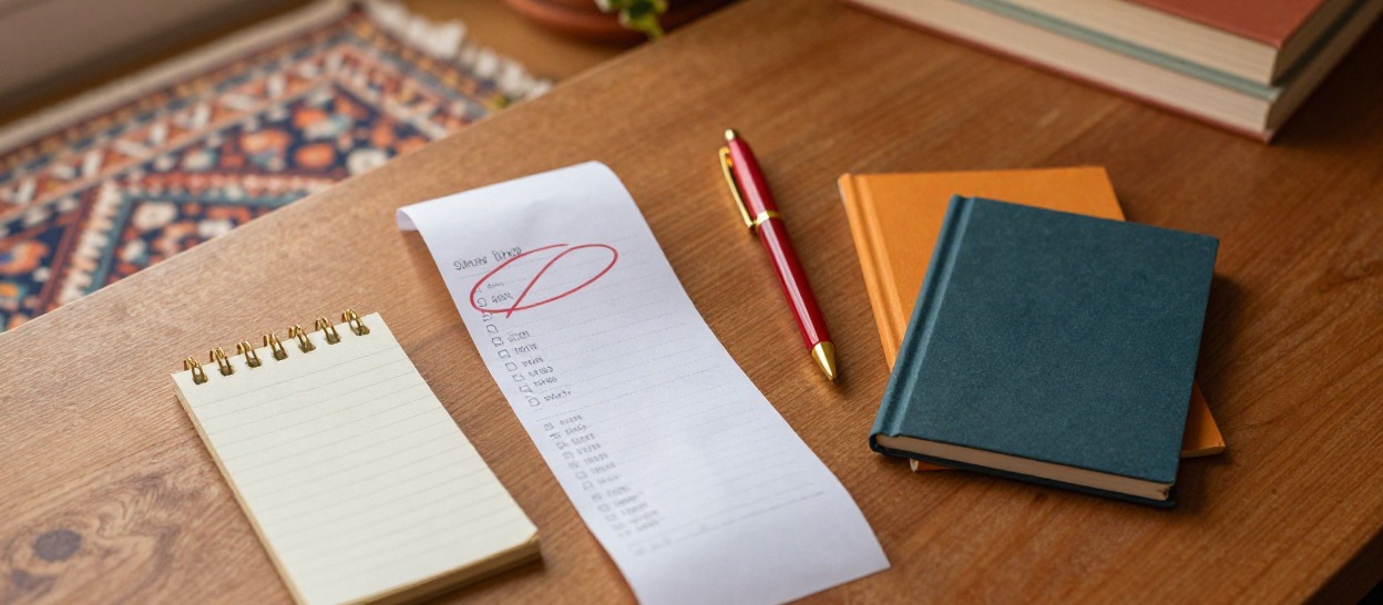 A store receipt with lines circled and struck through in red pen, next to a handwritten shopping list.