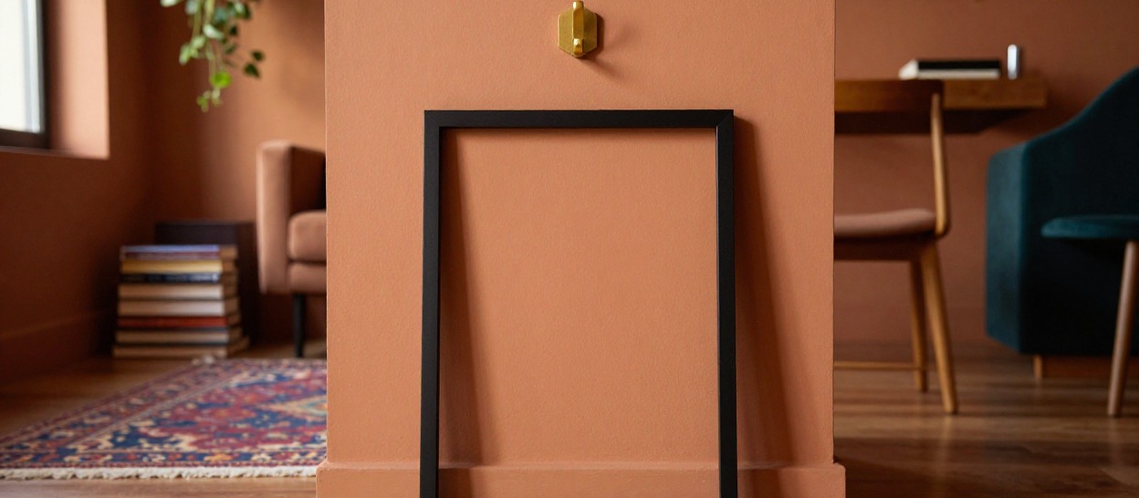 An empty picture frame leaning against a wall below an empty picture hook.