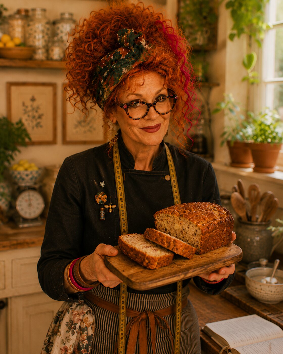 Winnie holding a fresh loaf of banana bread