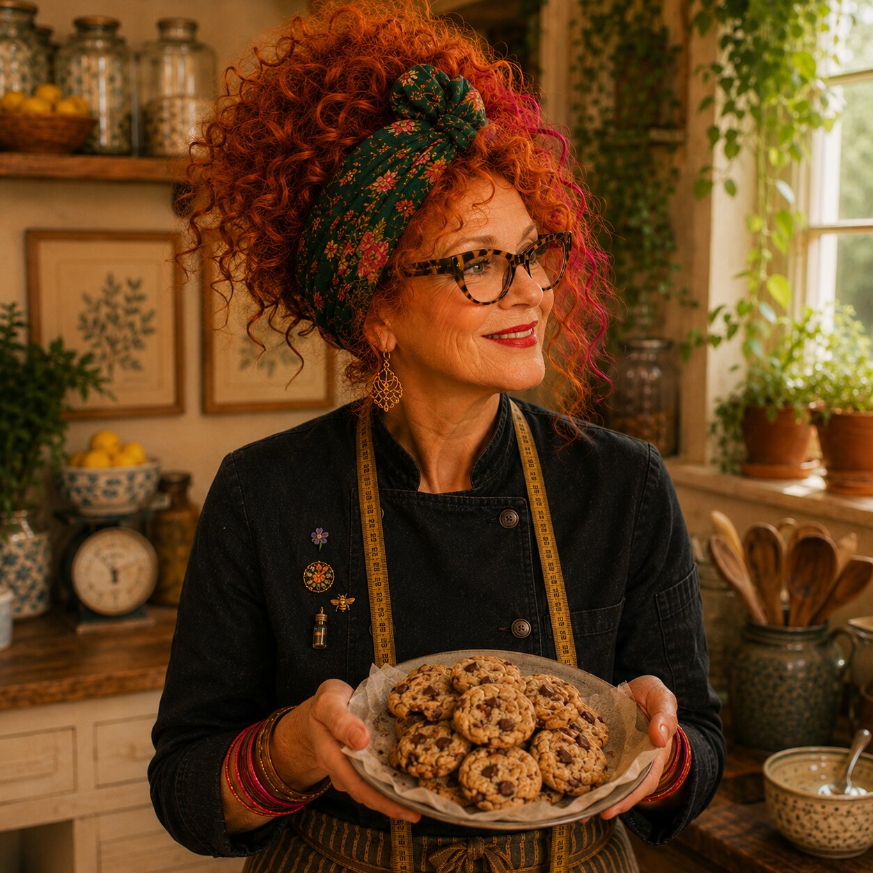 Winnie holding a tray of chocolate chip cookies