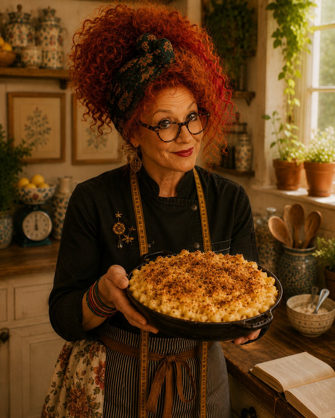 Illustrative Winnie Hollowell scene accompanying Baked Mac and Cheese Recipe (Creamy Inside, Crispy Top)