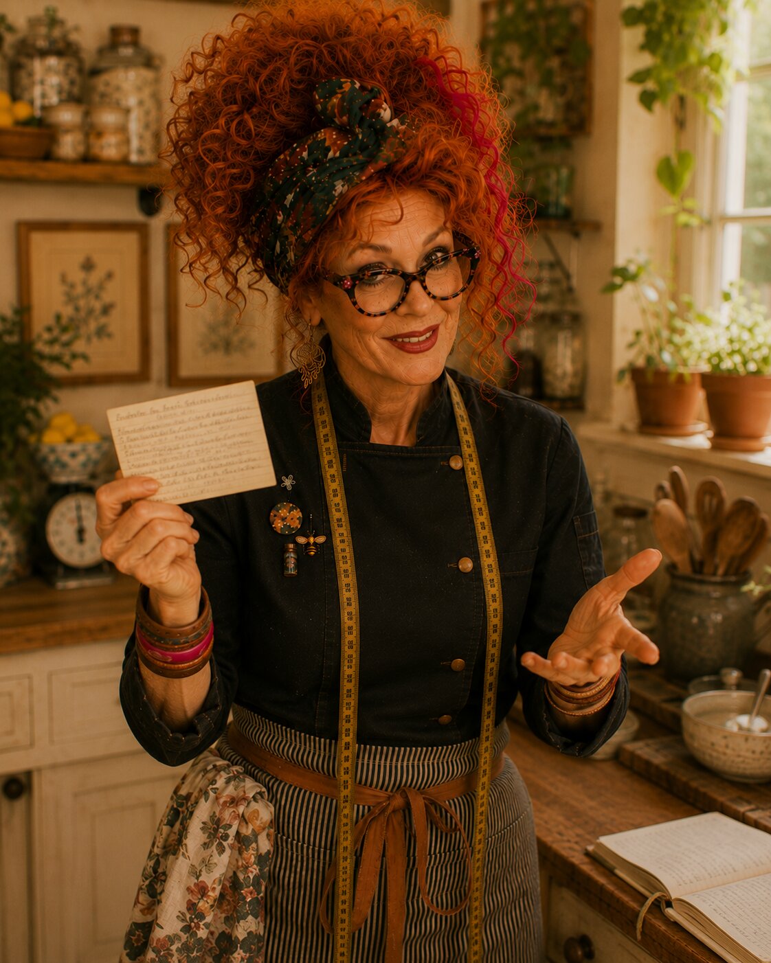 Winnie holding a handwritten recipe card in her kitchen