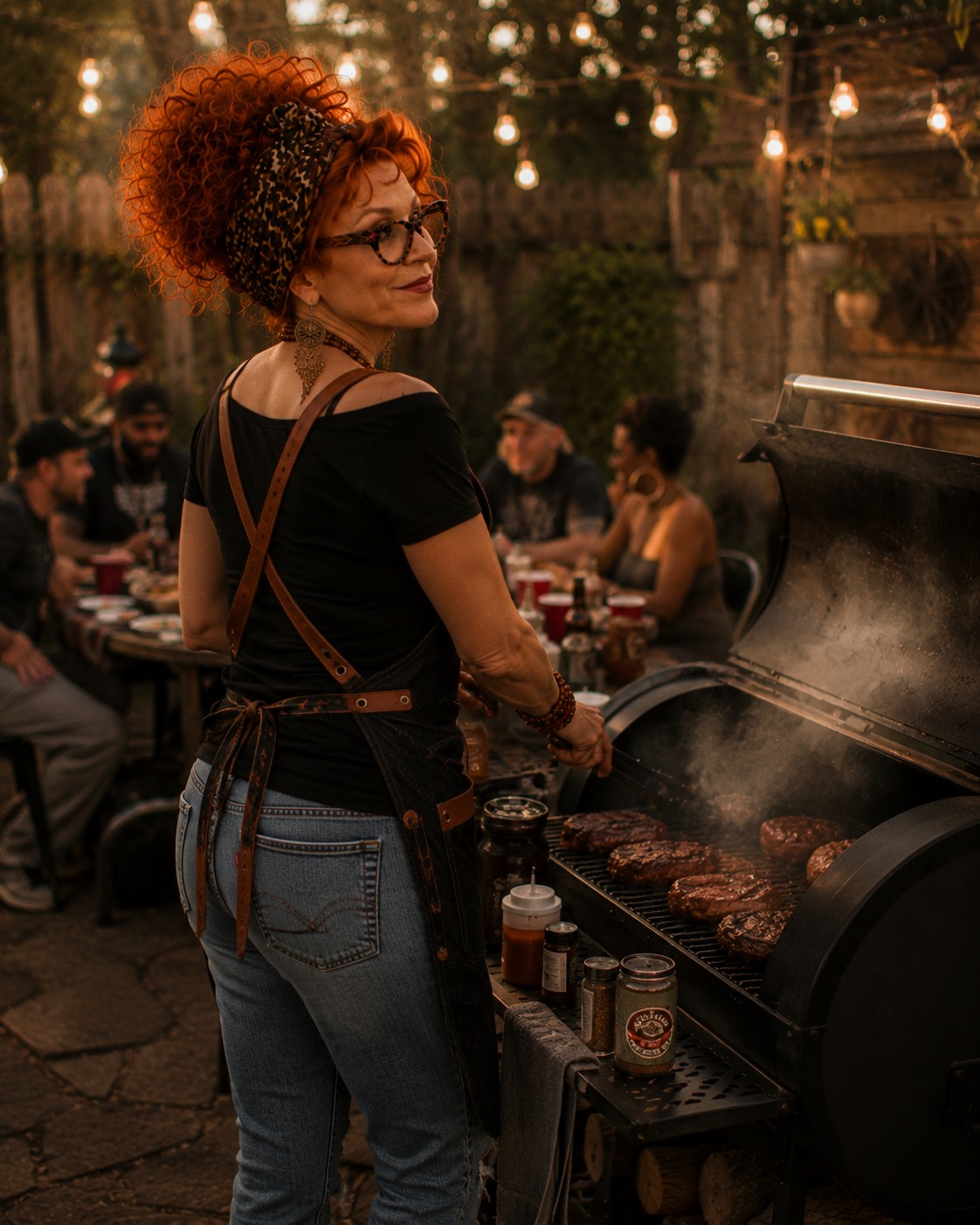 Winnie in a leather barbecue apron, glancing back over her shoulder at the smoker with a plate of food behind her