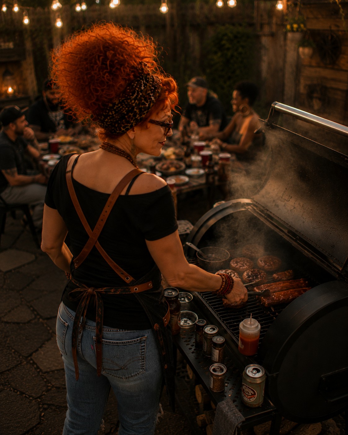 Winnie working the grill with tongs, turning burgers and ribs over open flame