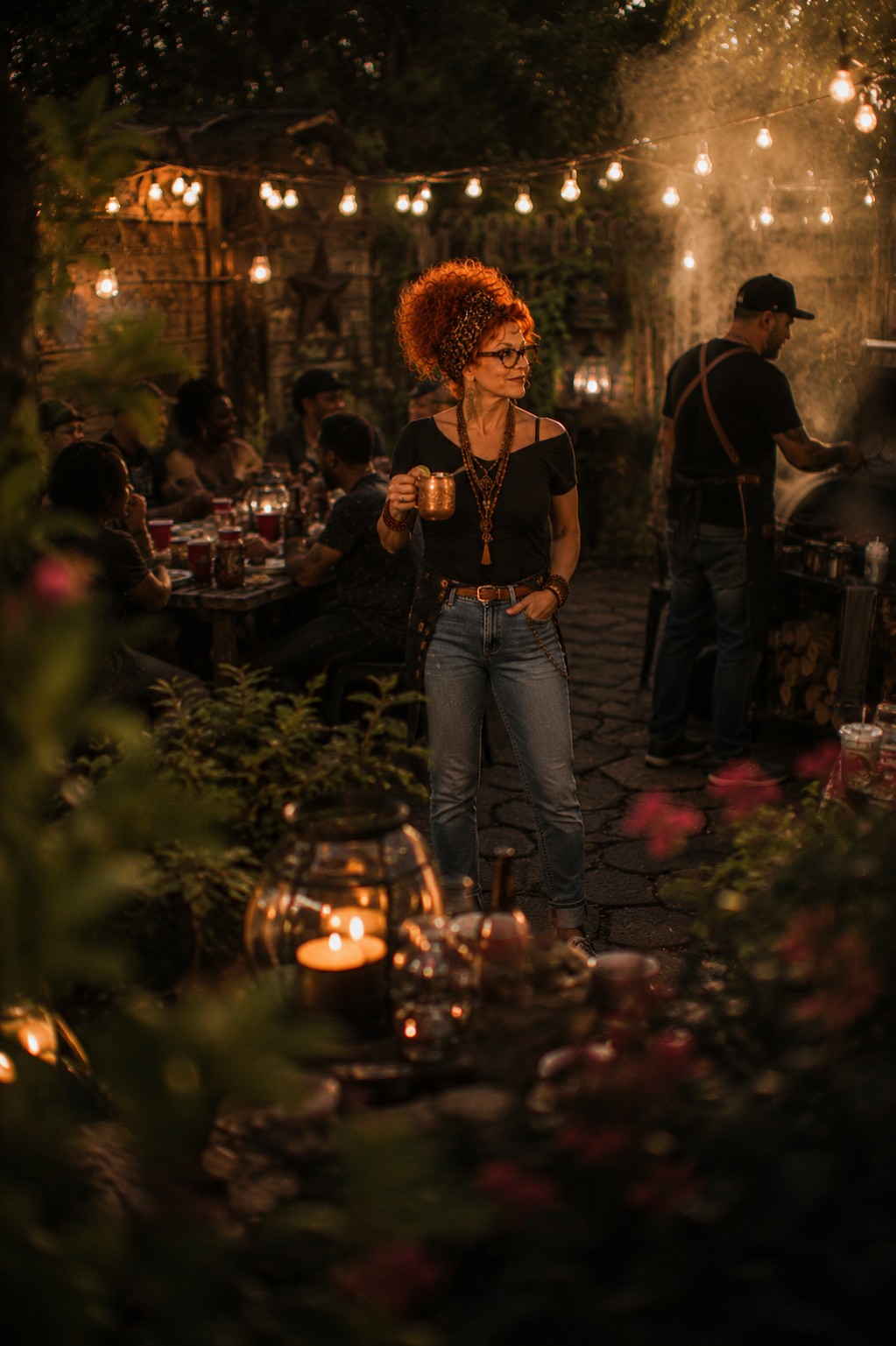 Winnie standing in a candlelit backyard holding a drink, mingling with guests near the smoker