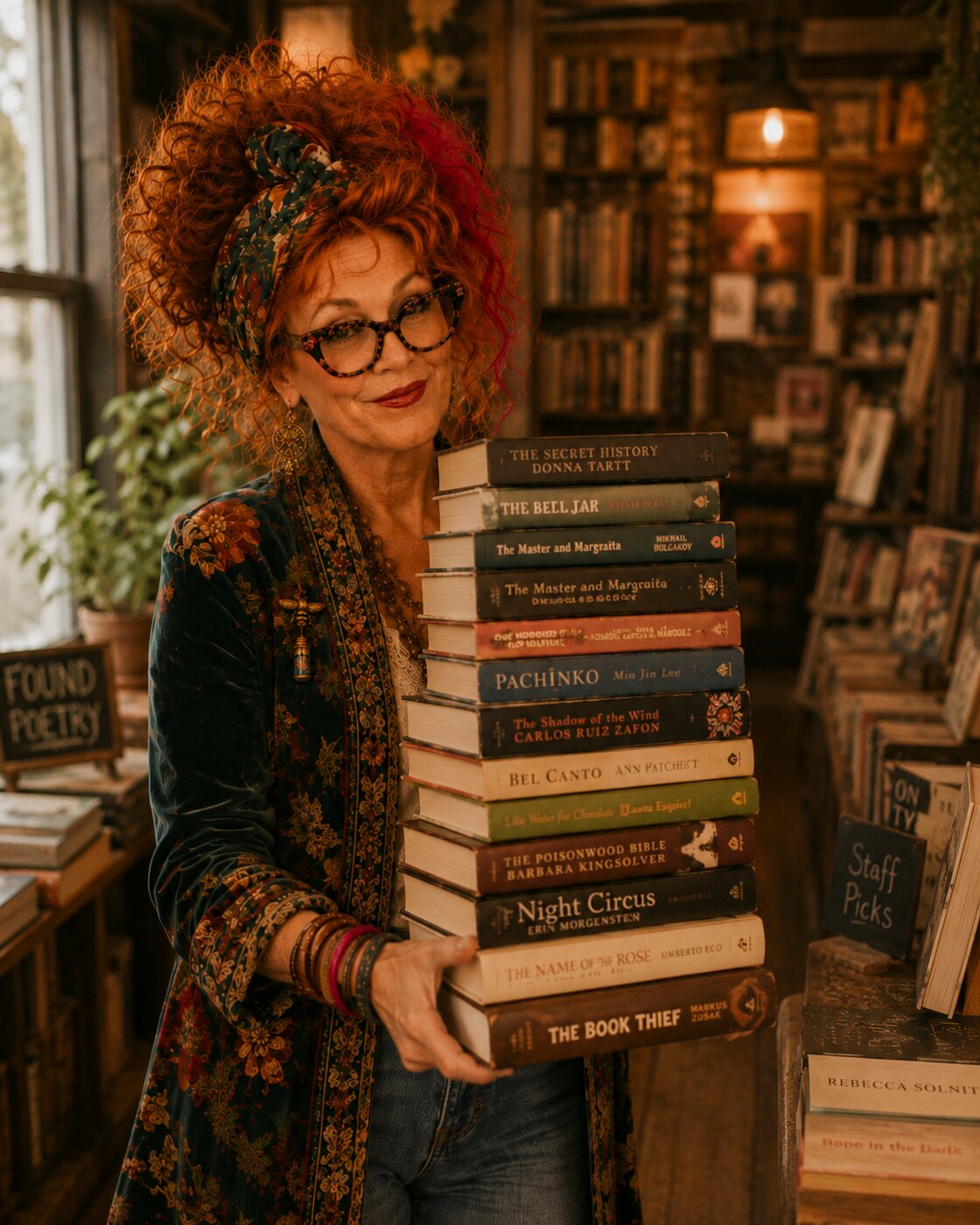 Winnie browsing shelves at a used bookstore