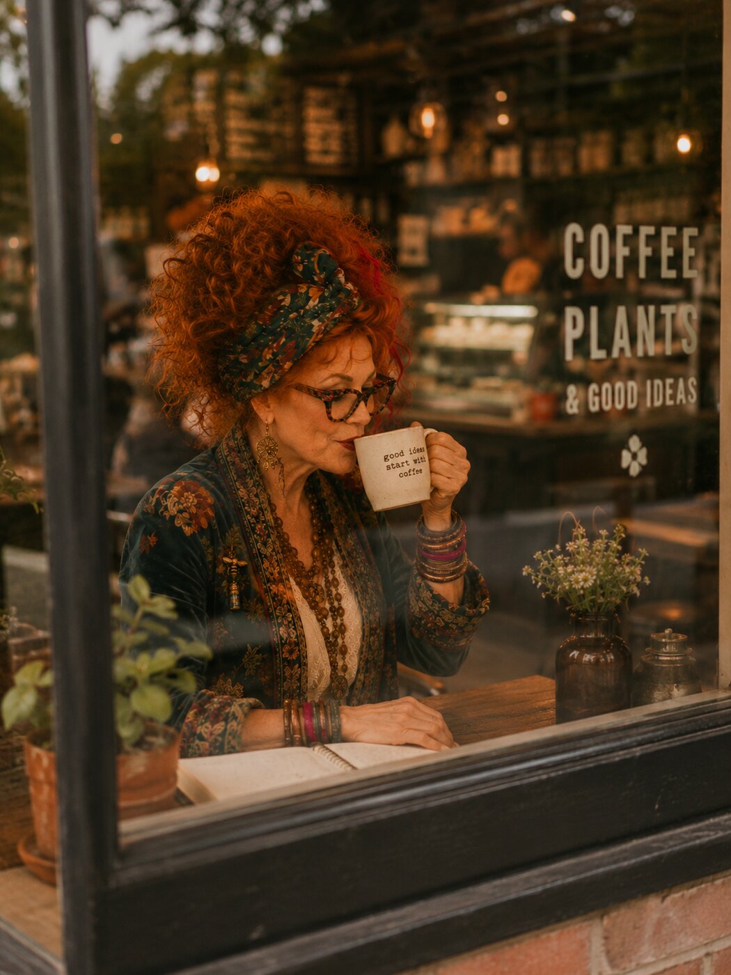Winnie reflected in a cafe window holding a coffee mug