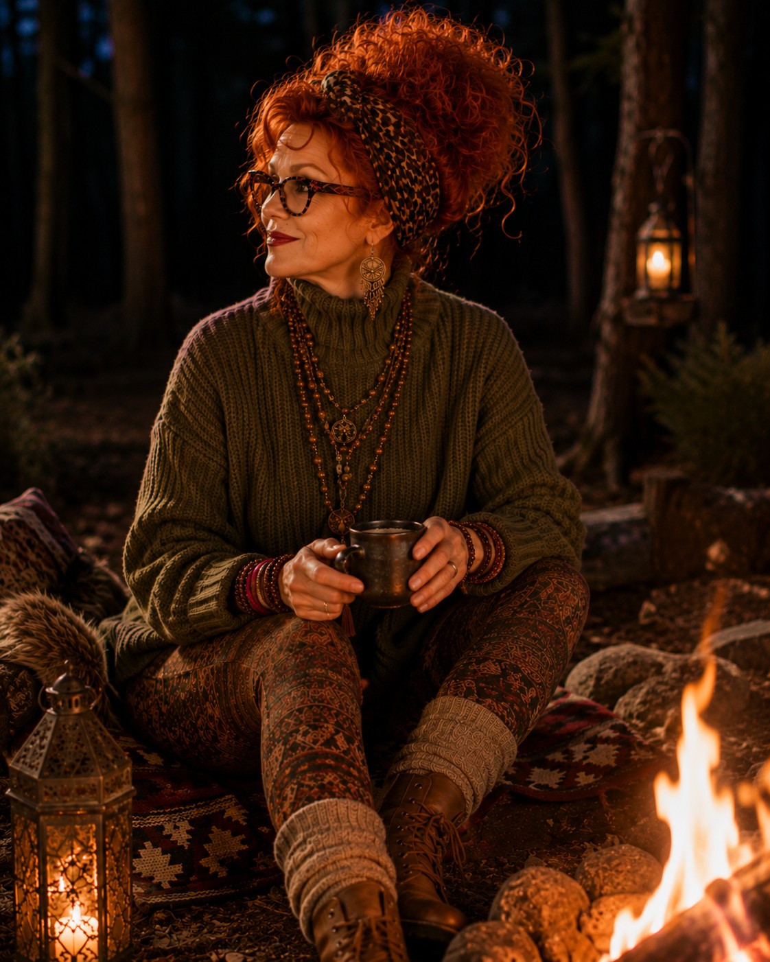 Winnie sitting by a campfire at night holding a mug, lanterns glowing in the background