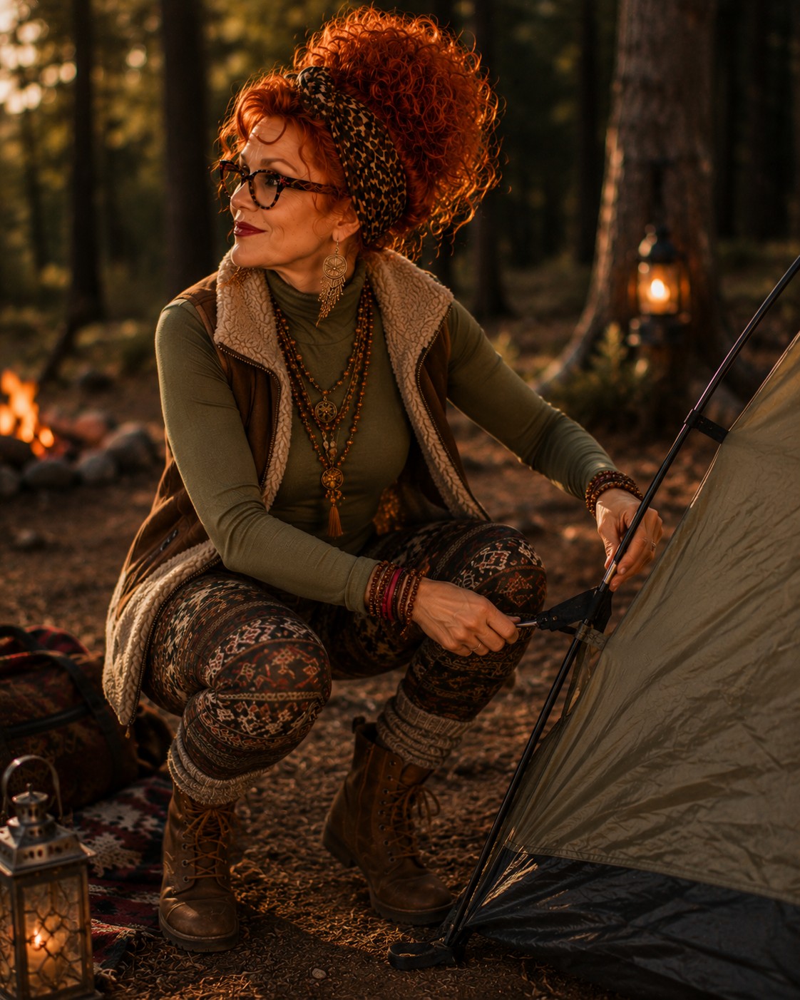 Winnie crouched setting up a tent at a campsite in the woods