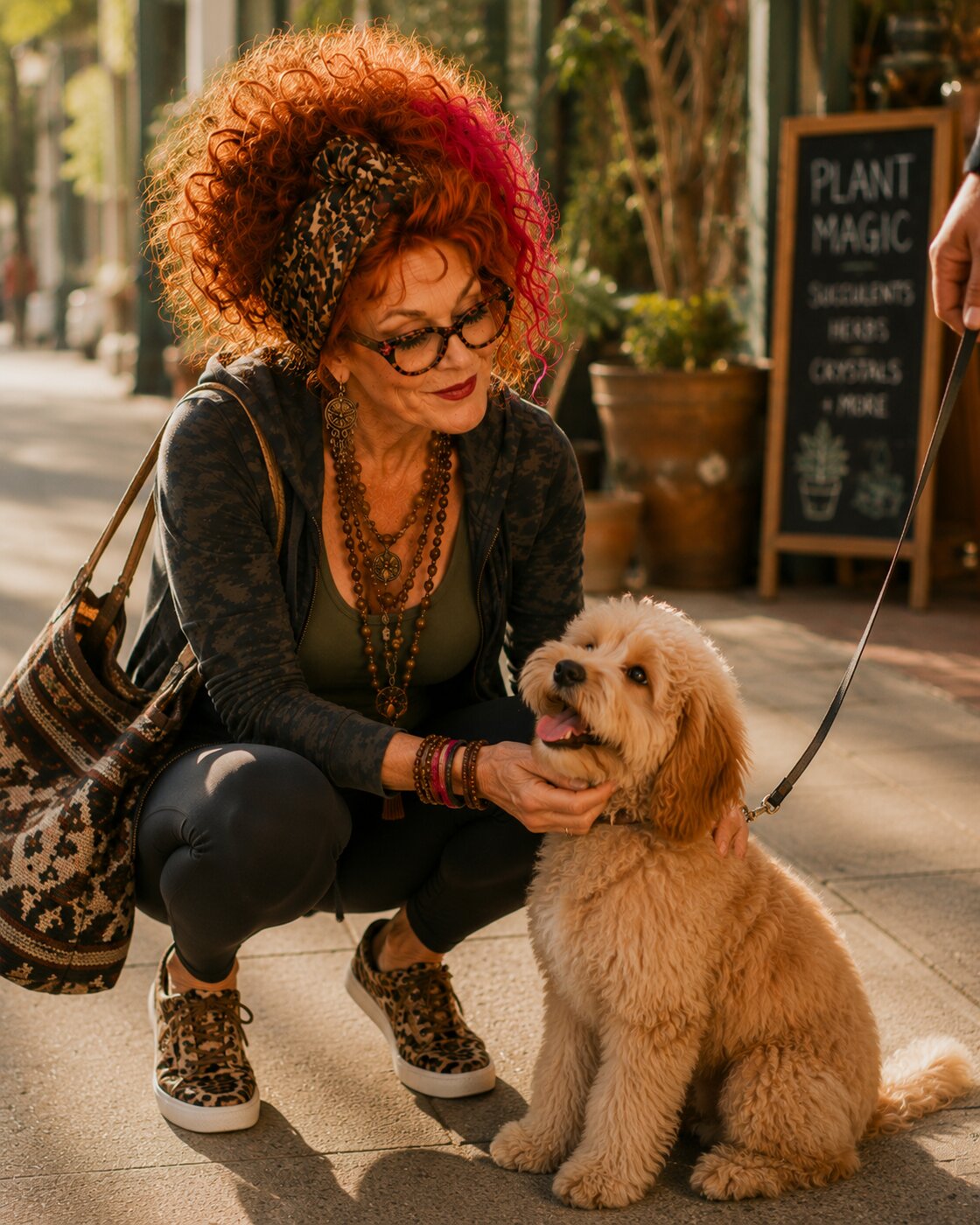 Winnie crouching to pet a dog outside a shop