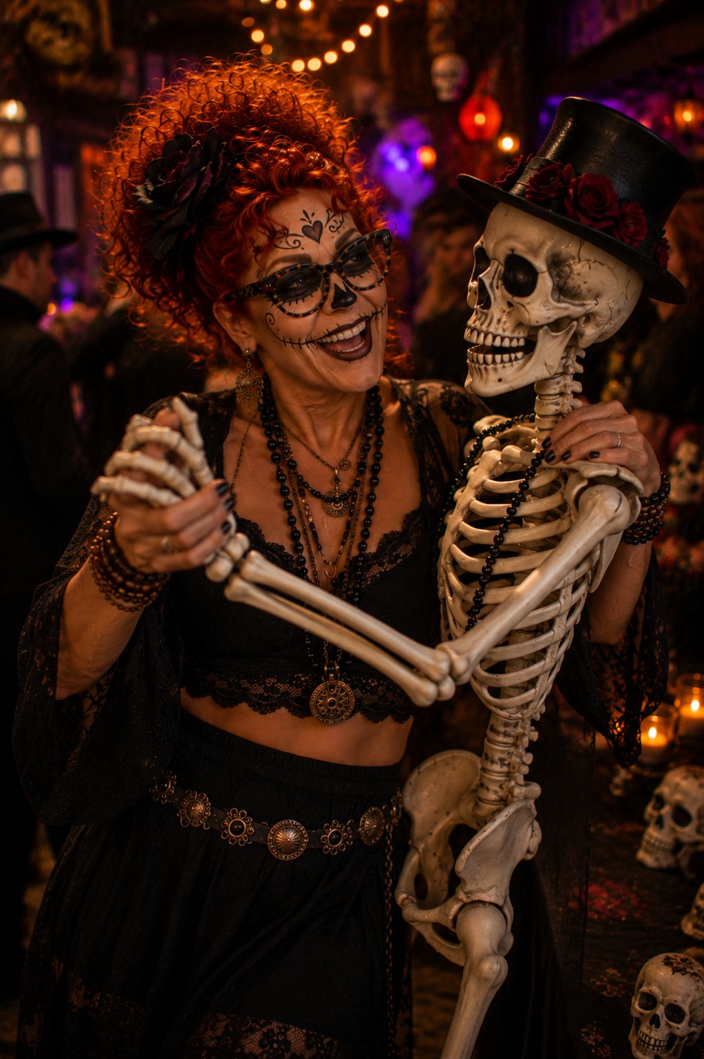 Winnie dancing with a costume prop skeleton at a Halloween party
