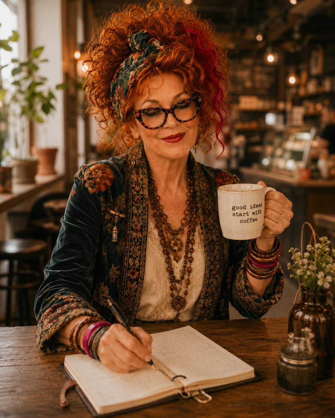 Winnie journaling with a cup of tea nearby