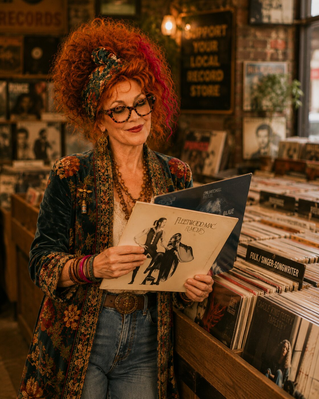 Winnie flipping through vinyl records in a record store