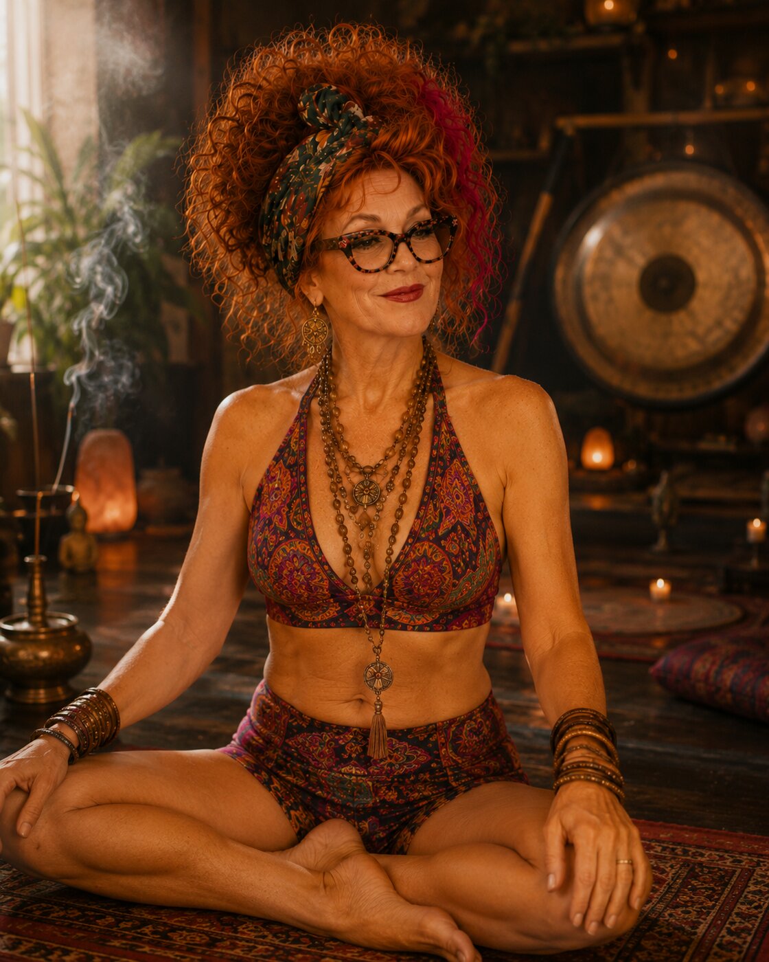 Winnie seated on a yoga mat in a studio with incense burning