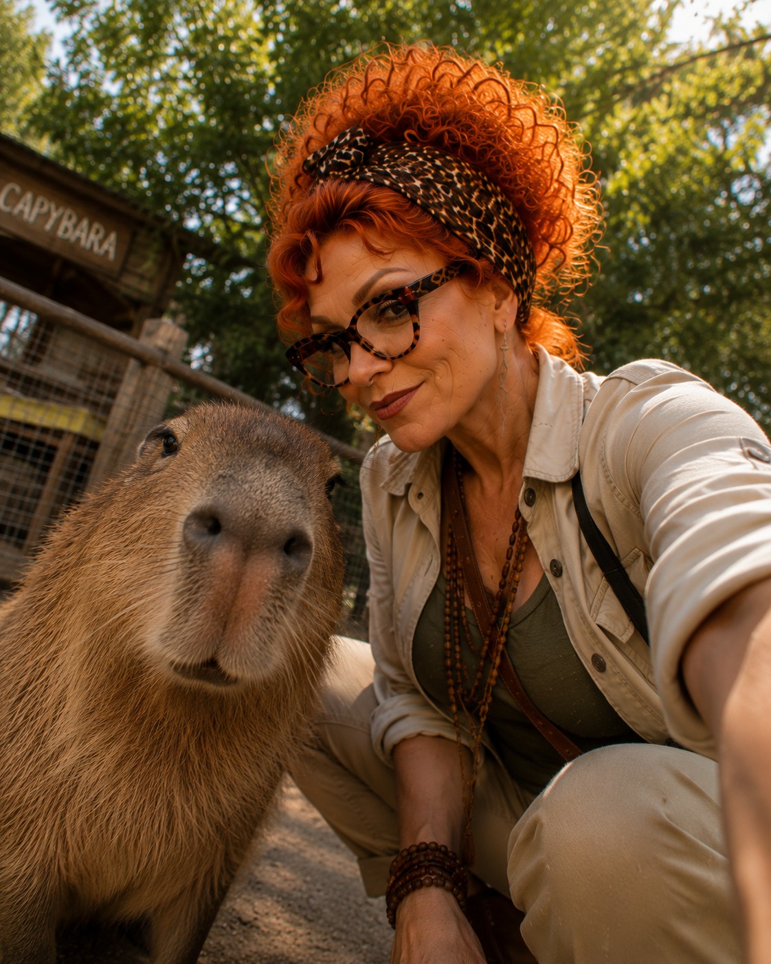 A close-up selfie of Winnie next to a capybara, its nose nearly touching the camera