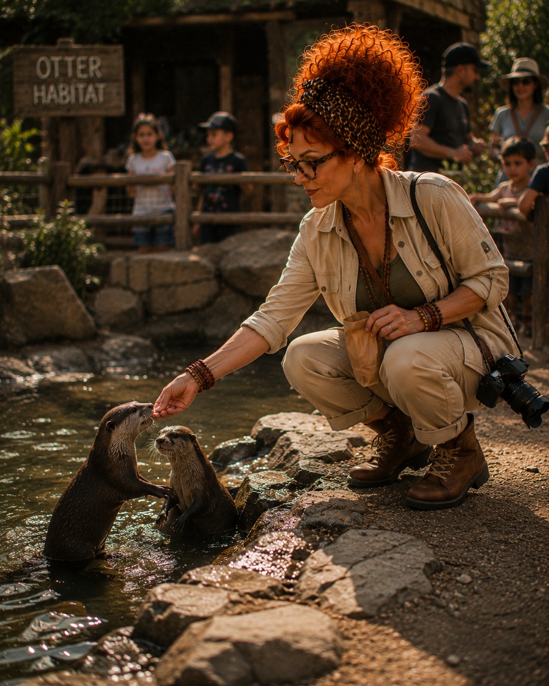 Winnie crouching at the edge of the otter habitat, hand-feeding two otters standing in the water