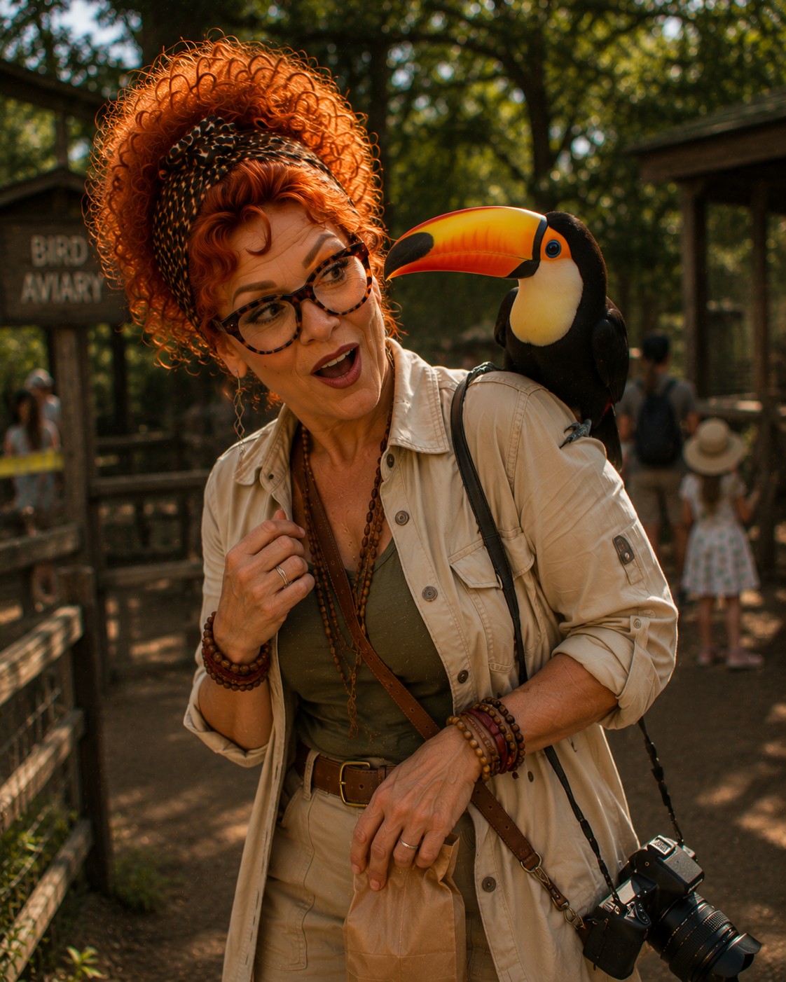Winnie reacting with surprise as a toucan perches on her shoulder near the bird aviary