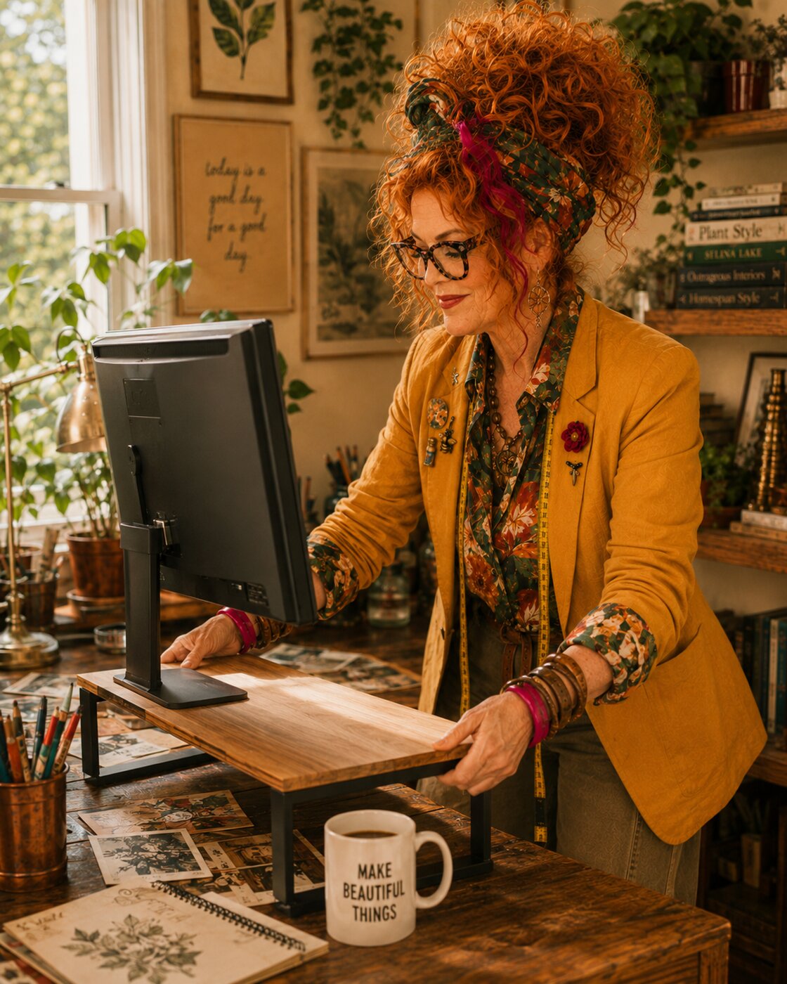 Winnie adjusting a standing desk in a compact home office.